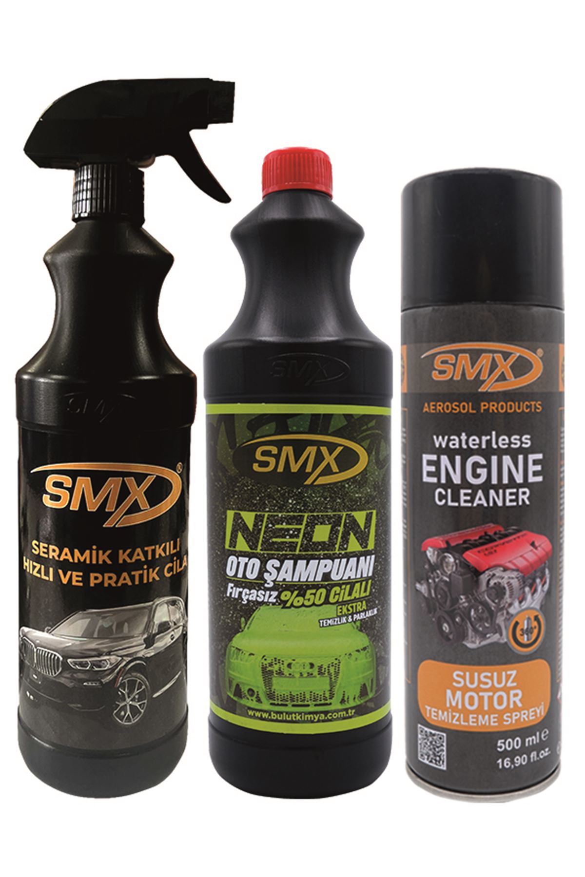 Susuz Motor Temizleme  Spreyi + Seramik Katkılı Hızlı ve Pratik Cila + Neon %50 Cilalı Fırçasız Oto Şampuanı 